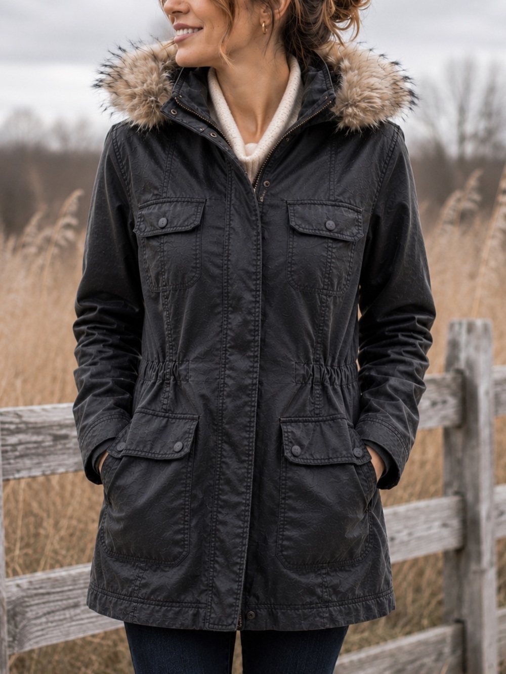 Caslon Black Utility Parka Jacket Faux Waxed Coat Faux Fur Hood Small